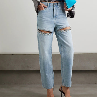 Crystal Chic High-Waisted Straight Leg Jeans