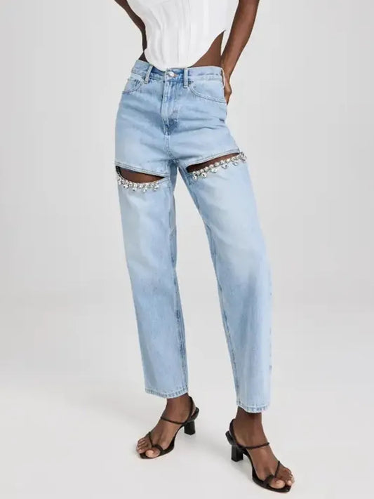 Crystal Chic High-Waisted Straight Leg Jeans