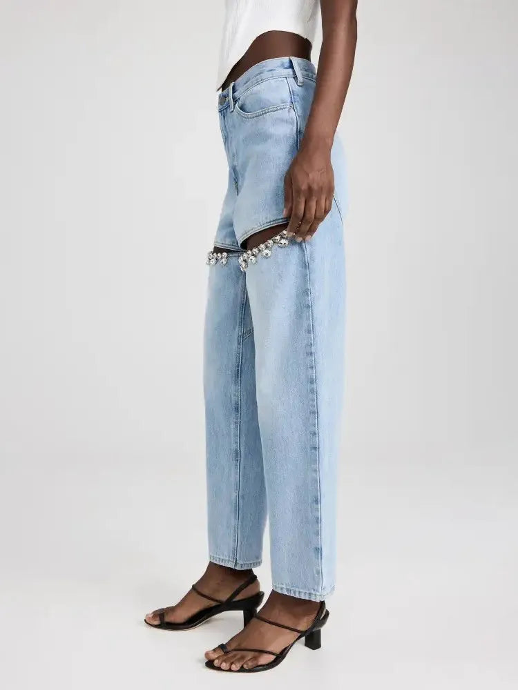 Crystal Chic High-Waisted Straight Leg Jeans